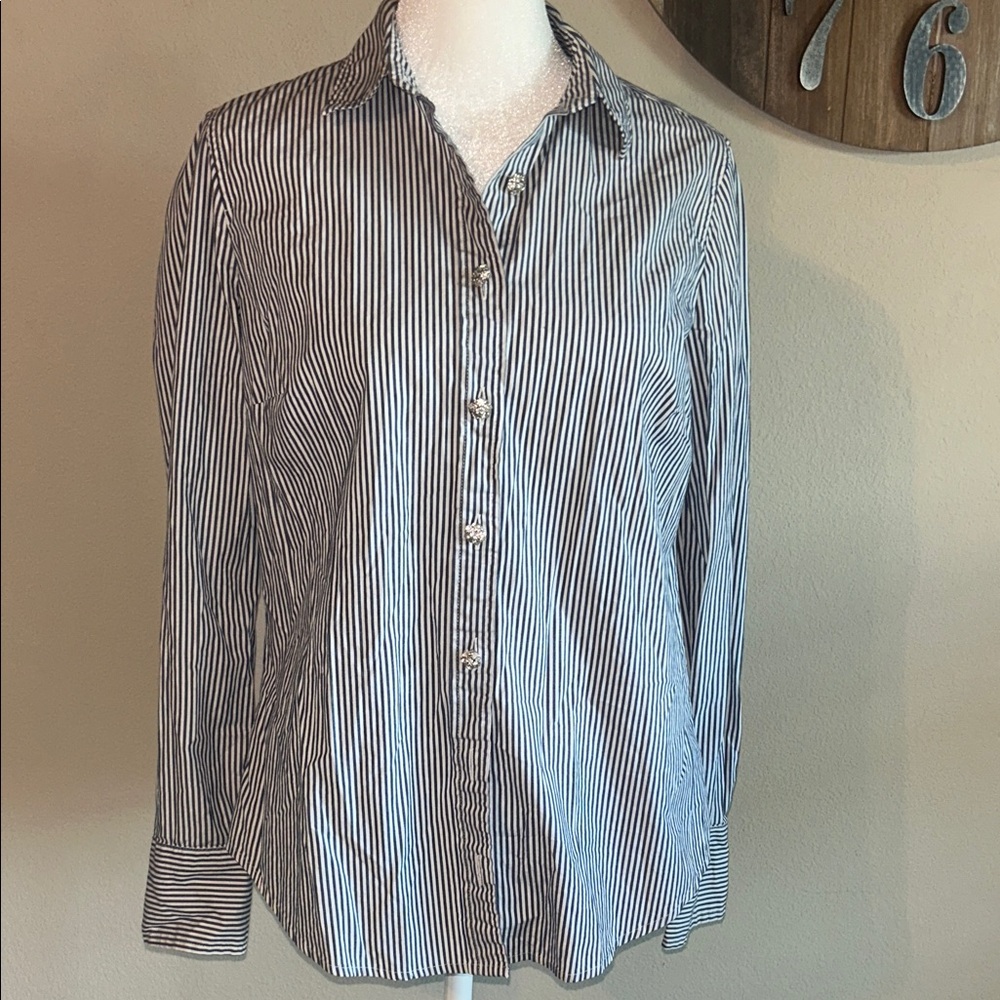 J. Crew Classic Gray and White Striped women slim blouse